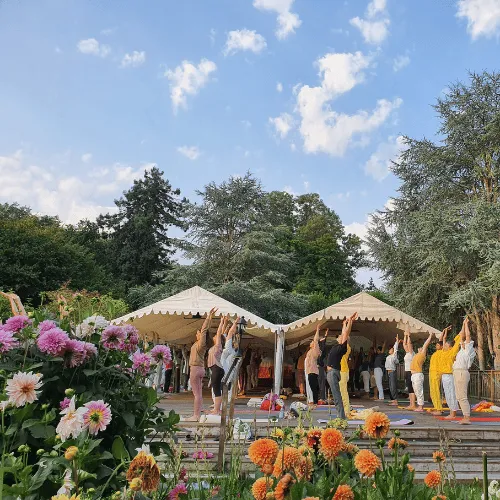 Outdoor yoga class at the ashram